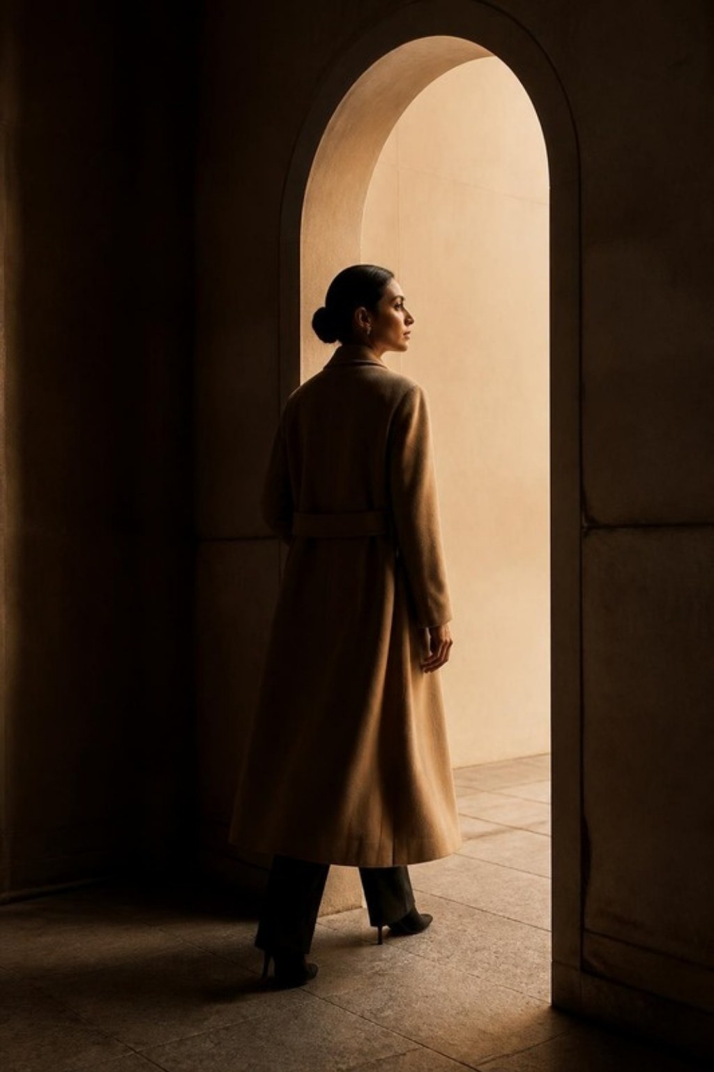 A woman in a camel coat stepping through a stone archway into warm light