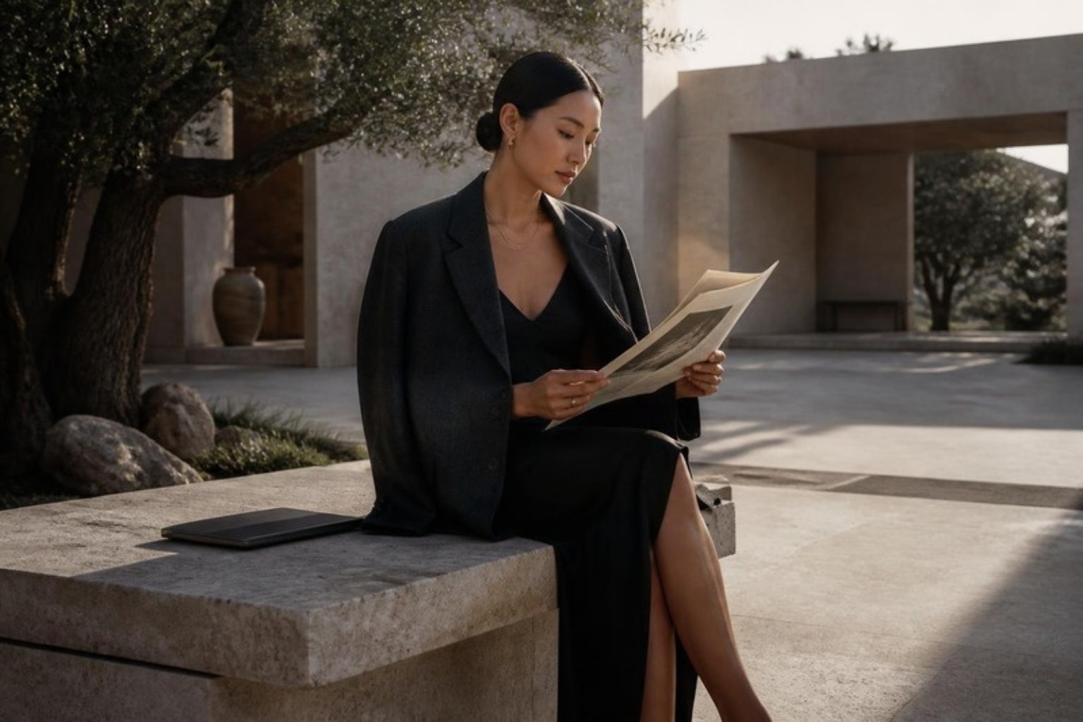 A founder in a charcoal blazer reading a printed report on a stone bench in a sunlit courtyard