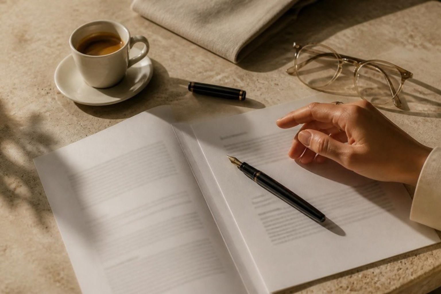 A printed proposal on a travertine table, fountain pen beside it, still unsigned